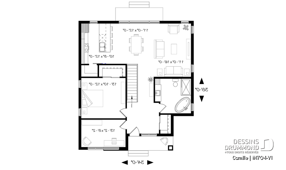 Rez-de-chaussée - Maison de style mid-century moderne, plafond à 9', à aire ouverte, cuisine avec garde-manger, 2 chambres - Camille