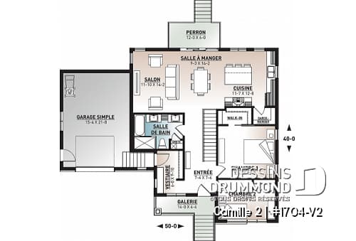 Rez-de-chaussée - Plan de maison contemporaine 2 chambres, garage, vestiaire, garde-manger et aire de vie à l'arrière - Camille 2