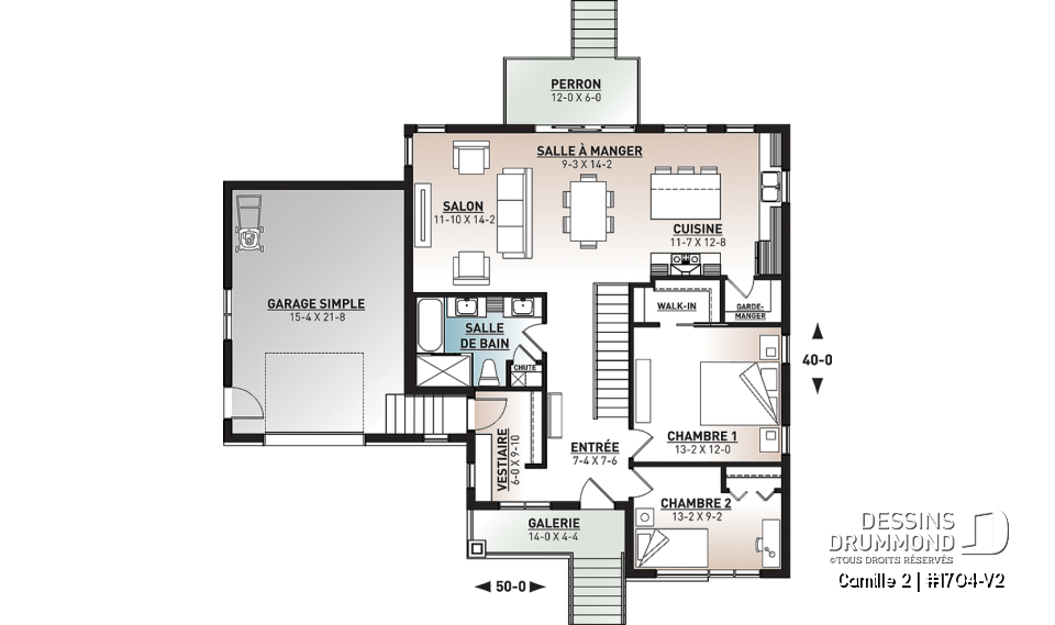 Rez-de-chaussée - Plan de maison contemporaine 2 chambres, garage, vestiaire, garde-manger et aire de vie à l'arrière - Camille 2