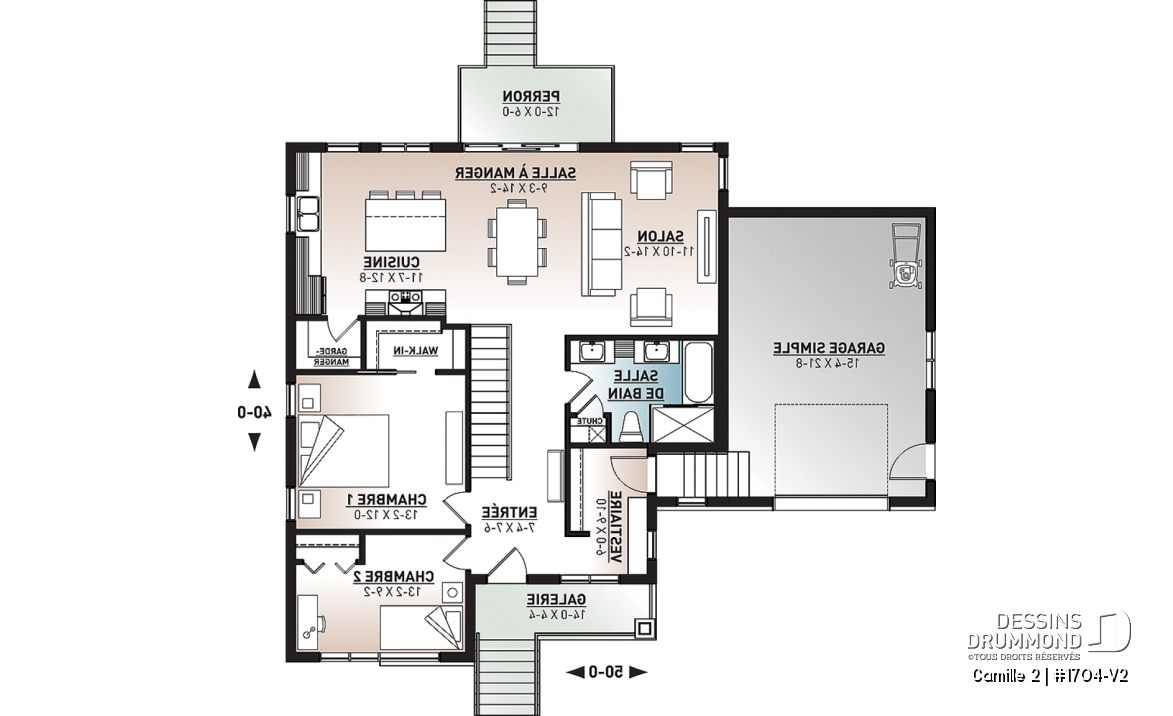 Rez-de-chaussée - Plan de maison contemporaine 2 chambres, garage, vestiaire, garde-manger et aire de vie à l'arrière - Camille 2