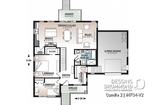 Rez-de-chaussée - Plan de maison contemporaine 2 chambres, garage, vestiaire, garde-manger et aire de vie à l'arrière - Camille 2