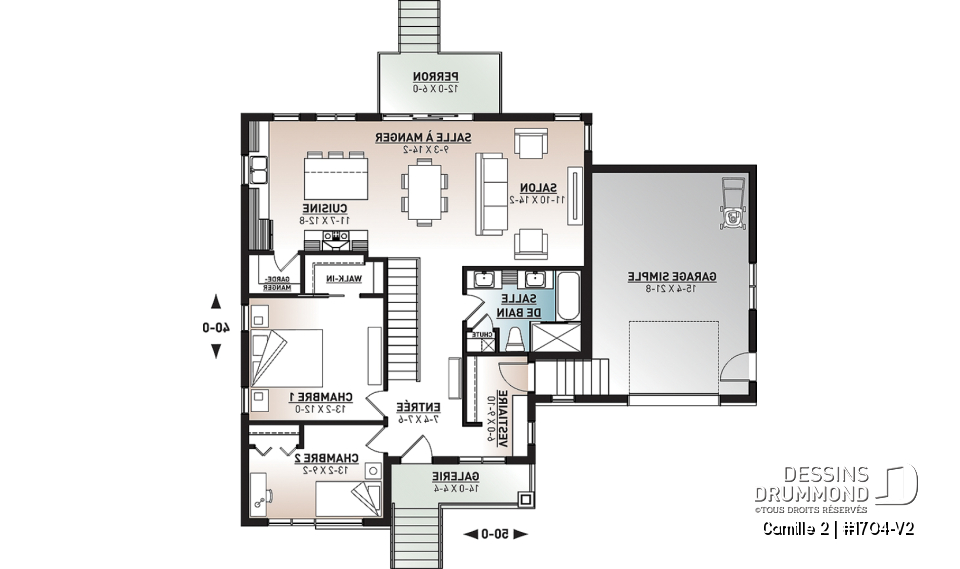 Rez-de-chaussée - Plan de maison contemporaine 2 chambres, garage, vestiaire, garde-manger et aire de vie à l'arrière - Camille 2