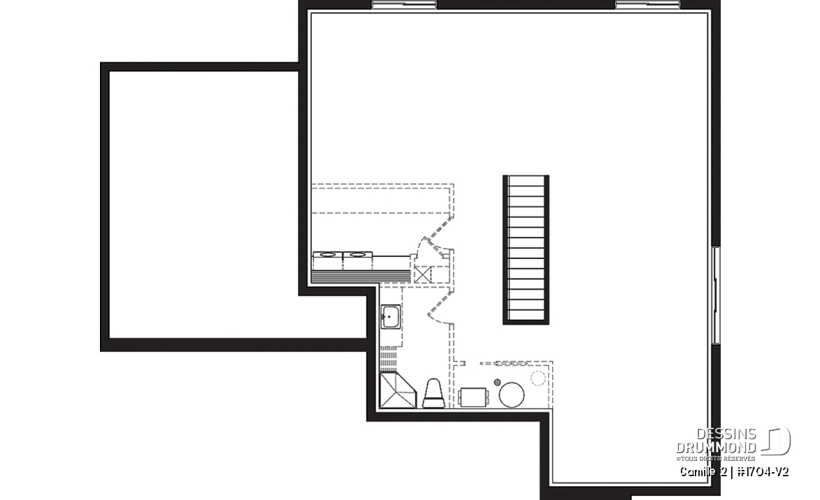 Sous-sol - Plan de maison contemporaine 2 chambres, garage, vestiaire, garde-manger et aire de vie à l'arrière - Camille 2