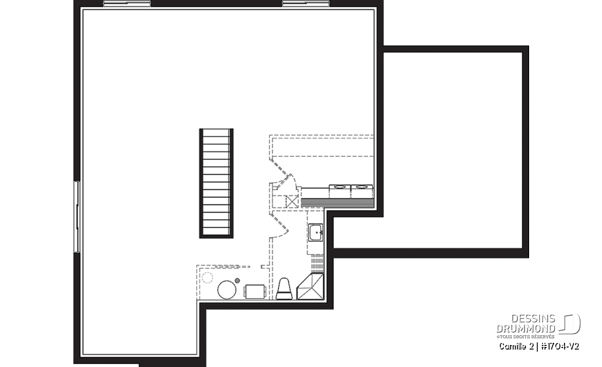 Sous-sol - Plan de maison contemporaine 2 chambres, garage, vestiaire, garde-manger et aire de vie à l'arrière - Camille 2