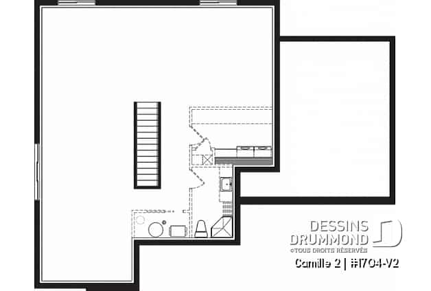 Sous-sol - Plan de maison contemporaine 2 chambres, garage, vestiaire, garde-manger et aire de vie à l'arrière - Camille 2
