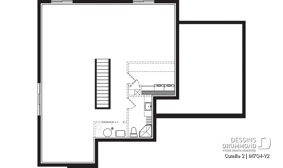 Sous-sol - Plan de maison contemporaine 2 chambres, garage, vestiaire, garde-manger et aire de vie à l'arrière - Camille 2