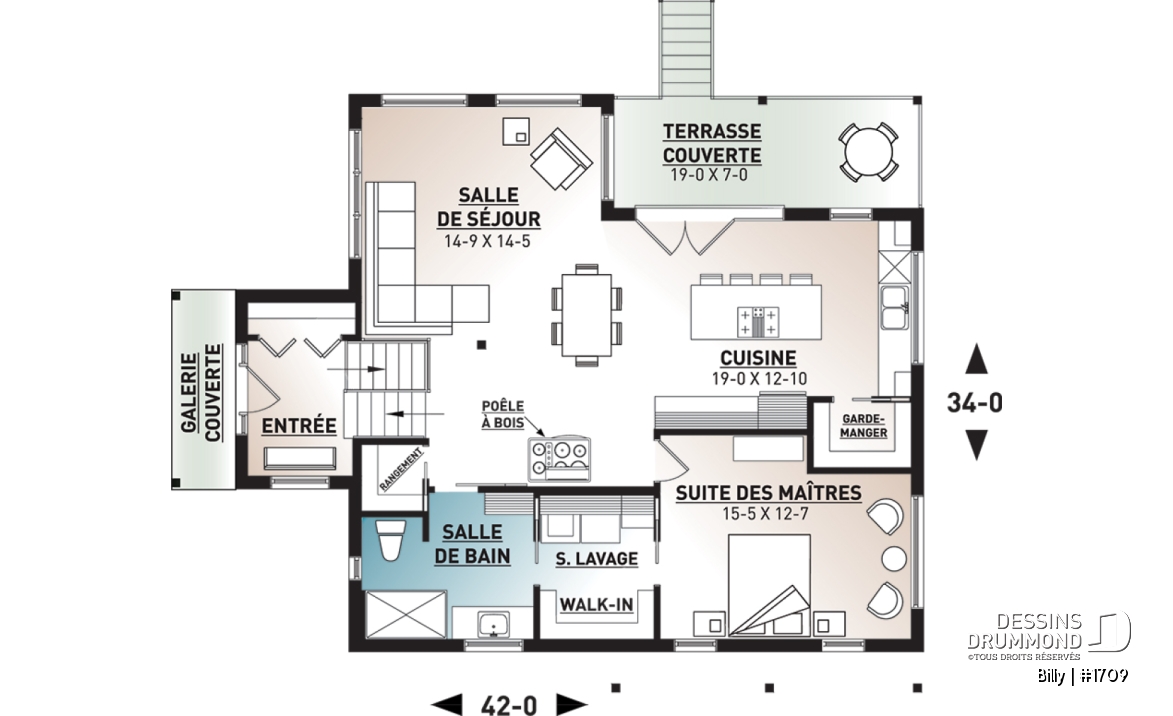 Rez-de-chaussée - Plan de maison moderne, 1 grande chambre, fenestration abondante, grande cuisine avec îlot, balcon couvert - Billy