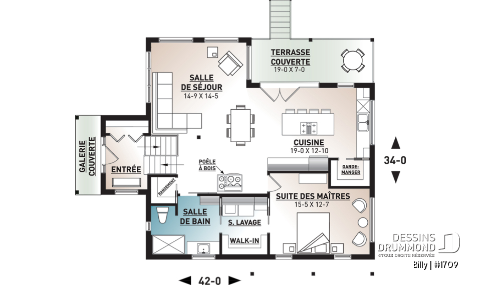 Rez-de-chaussée - Plan de maison moderne, 1 grande chambre, fenestration abondante, grande cuisine avec îlot, balcon couvert - Billy