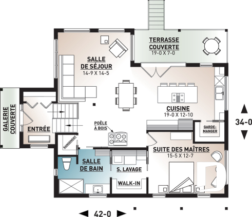Rez-de-chaussée - Plan de maison moderne, 1 grande chambre, fenestration abondante, grande cuisine avec îlot, balcon couvert - Billy