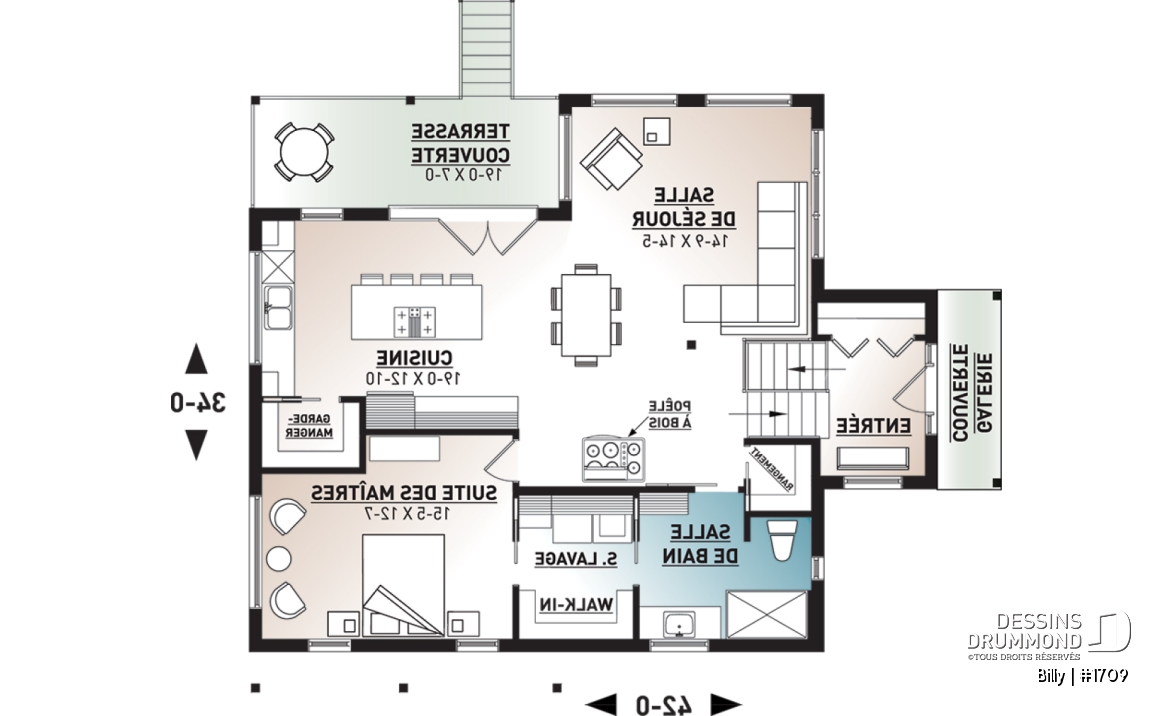 Rez-de-chaussée - Plan de maison moderne, 1 grande chambre, fenestration abondante, grande cuisine avec îlot, balcon couvert - Billy