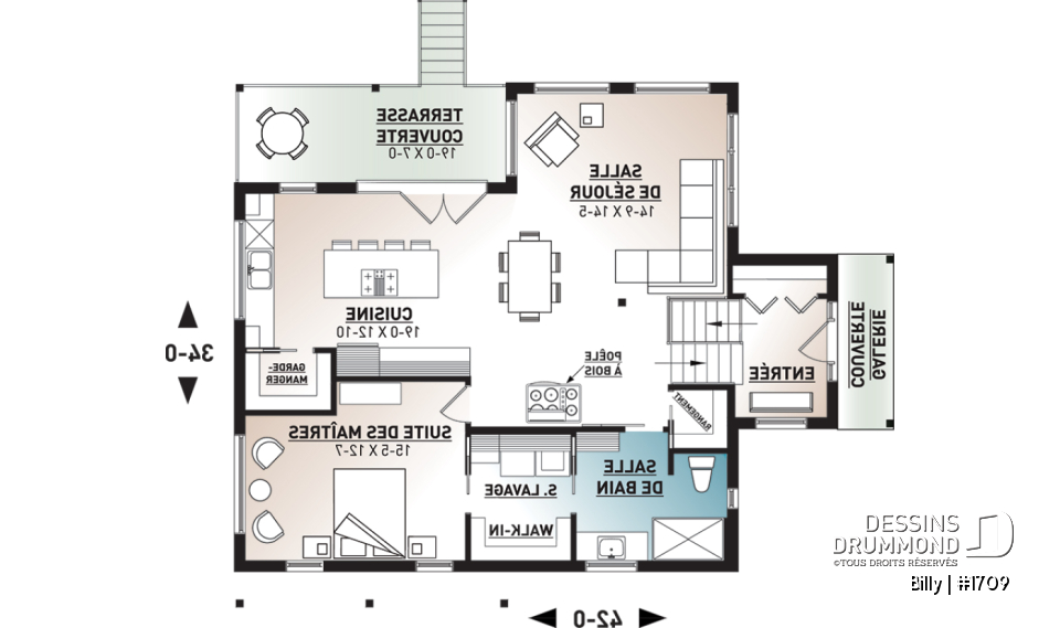 Rez-de-chaussée - Plan de maison moderne, 1 grande chambre, fenestration abondante, grande cuisine avec îlot, balcon couvert - Billy