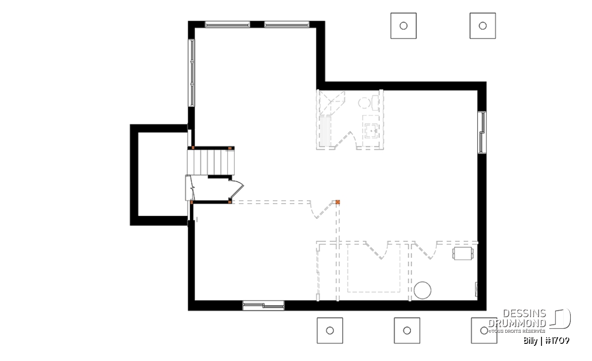Sous-sol - Plan de maison moderne, 1 grande chambre, fenestration abondante, grande cuisine avec îlot, balcon couvert - Billy