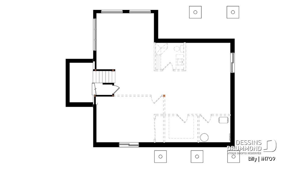Sous-sol - Plan de maison moderne, 1 grande chambre, fenestration abondante, grande cuisine avec îlot, balcon couvert - Billy