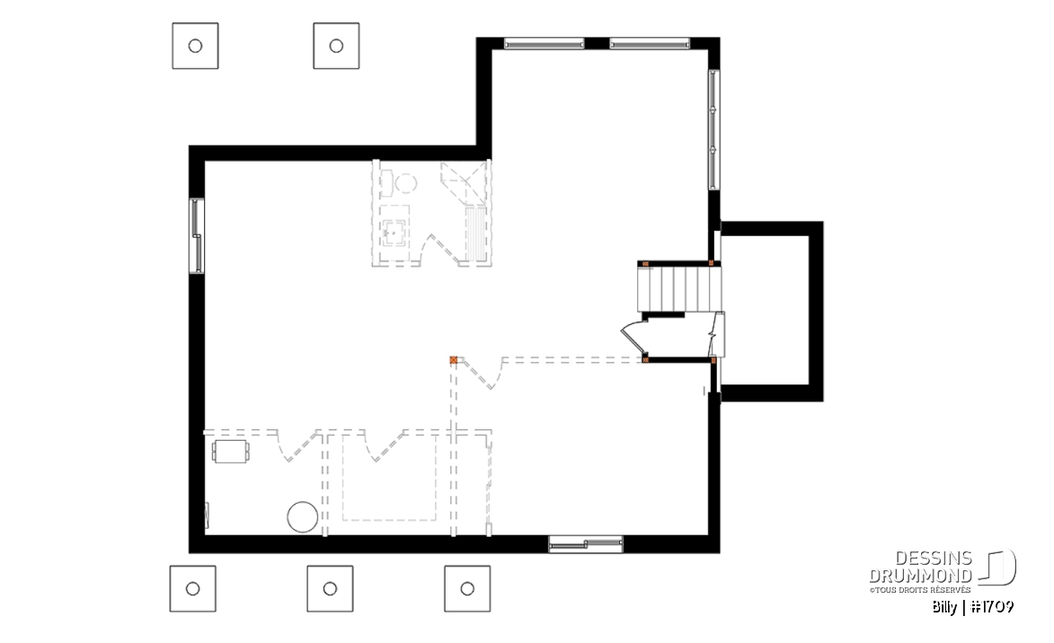 Sous-sol - Plan de maison moderne, 1 grande chambre, fenestration abondante, grande cuisine avec îlot, balcon couvert - Billy