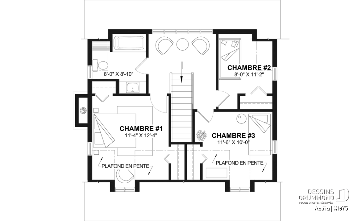 Étage - Plan de maison canadienne 3 chambres, avec lucarnes, foyer au salon, buanderie au premier, boudoir - Acélia