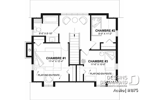 Étage - Plan de maison canadienne 3 chambres, avec lucarnes, foyer au salon, buanderie au premier, boudoir - Acélia