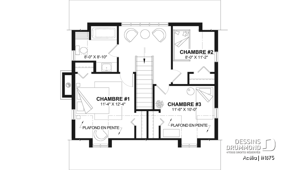 Étage - Plan de maison canadienne 3 chambres, avec lucarnes, foyer au salon, buanderie au premier, boudoir - Acélia