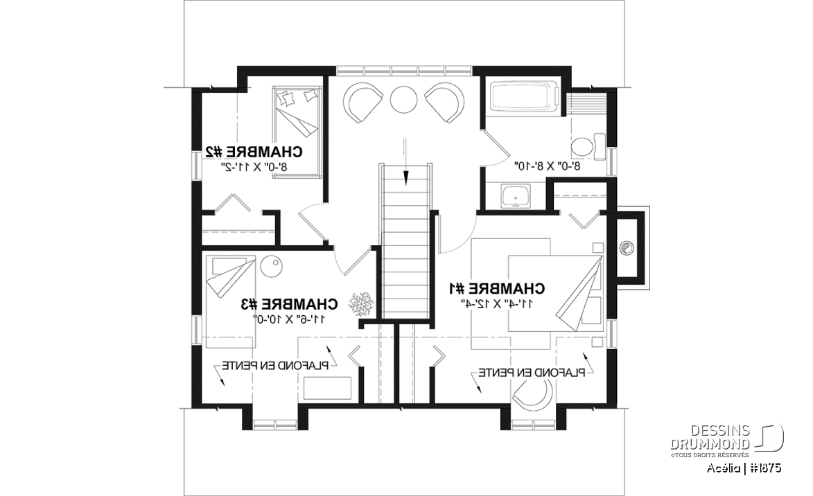 Étage - Plan de maison canadienne 3 chambres, avec lucarnes, foyer au salon, buanderie au premier, boudoir - Acélia