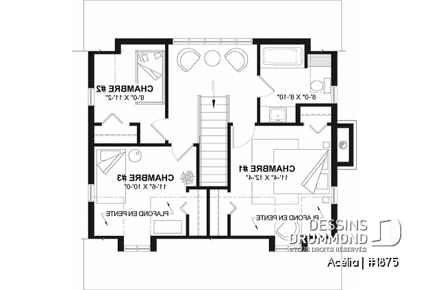 Étage - Plan de maison canadienne 3 chambres, avec lucarnes, foyer au salon, buanderie au premier, boudoir - Acélia