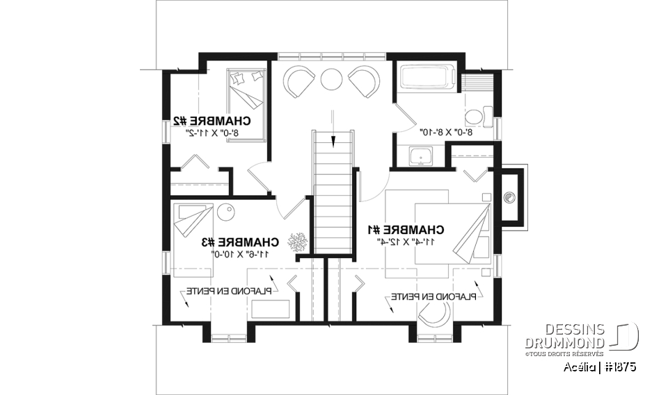 Étage - Plan de maison canadienne 3 chambres, avec lucarnes, foyer au salon, buanderie au premier, boudoir - Acélia