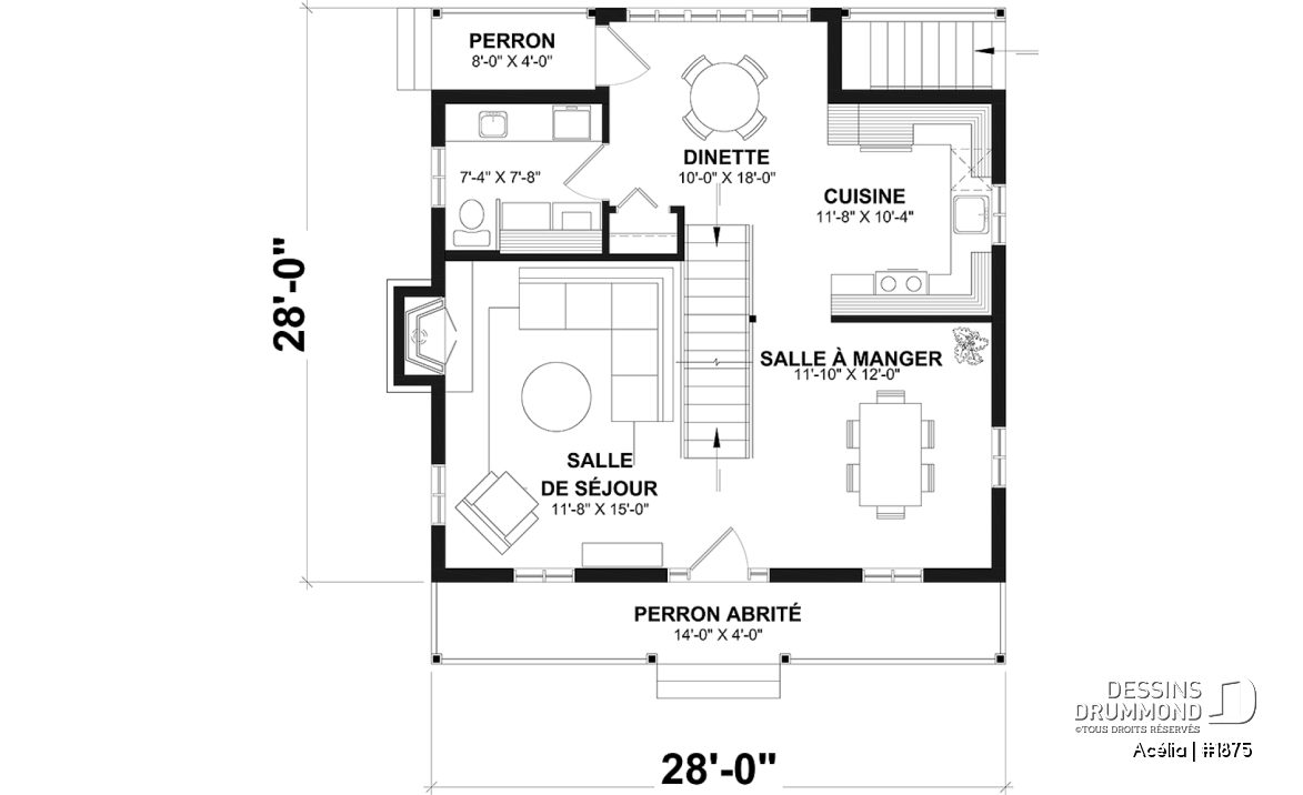 Rez-de-chaussée - Plan de maison canadienne 3 chambres, avec lucarnes, foyer au salon, buanderie au premier, boudoir - Acélia