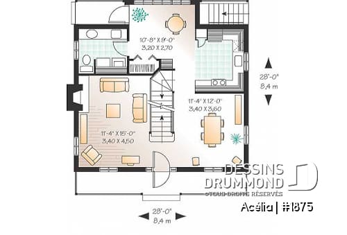 Rez-de-chaussée - Plan de maison canadienne 3 chambres, avec lucarnes, foyer au salon, buanderie au premier, boudoir - Acélia