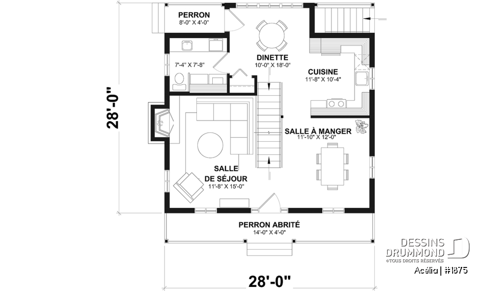 Rez-de-chaussée - Plan de maison canadienne 3 chambres, avec lucarnes, foyer au salon, buanderie au premier, boudoir - Acélia