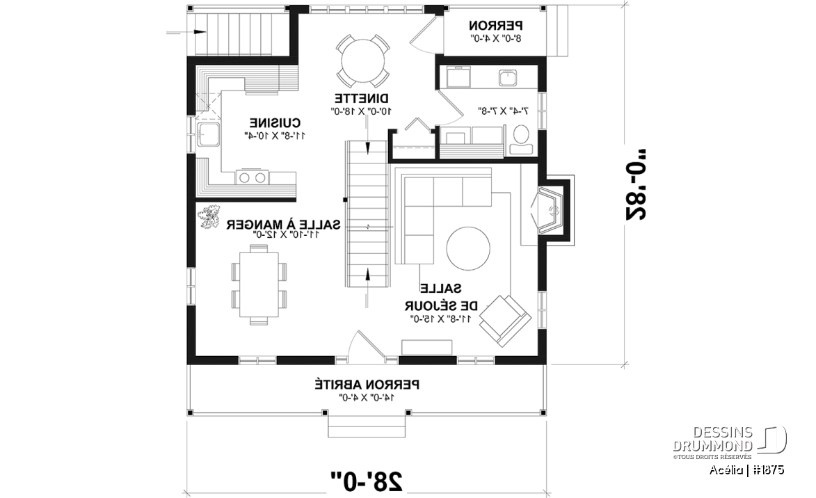 Rez-de-chaussée - Plan de maison canadienne 3 chambres, avec lucarnes, foyer au salon, buanderie au premier, boudoir - Acélia