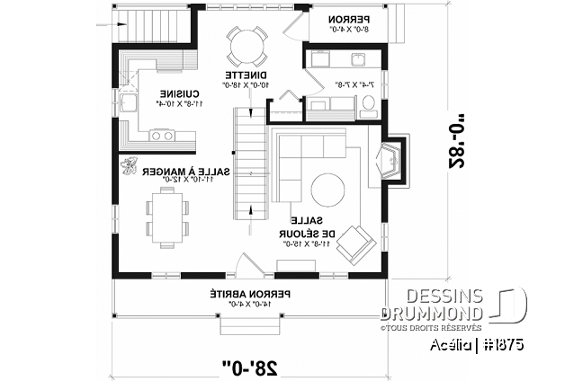 Rez-de-chaussée - Plan de maison canadienne 3 chambres, avec lucarnes, foyer au salon, buanderie au premier, boudoir - Acélia