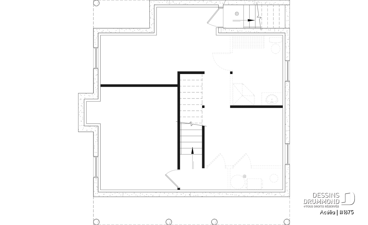 Sous-sol - Plan de maison canadienne 3 chambres, avec lucarnes, foyer au salon, buanderie au premier, boudoir - Acélia