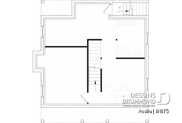 Sous-sol - Plan de maison canadienne 3 chambres, avec lucarnes, foyer au salon, buanderie au premier, boudoir - Acélia