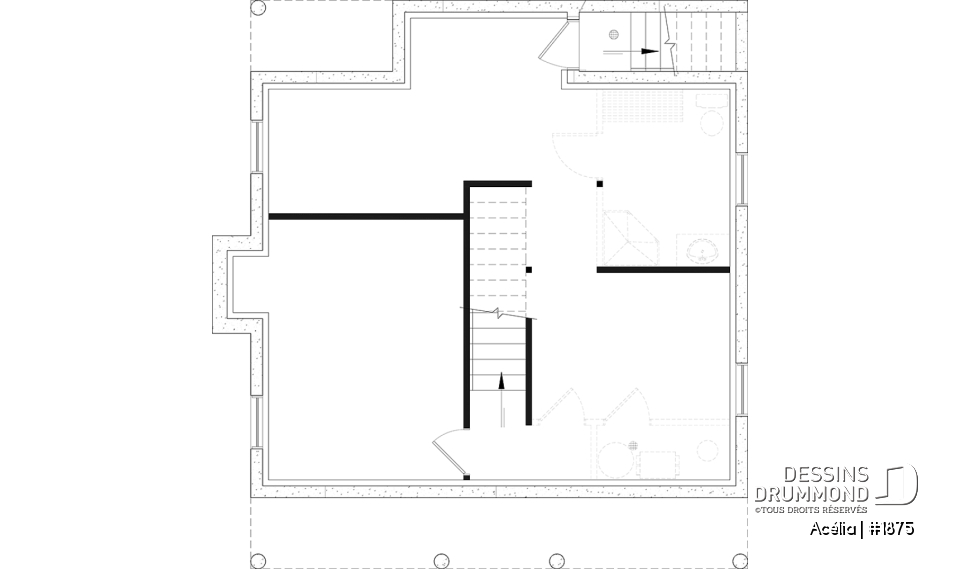 Sous-sol - Plan de maison canadienne 3 chambres, avec lucarnes, foyer au salon, buanderie au premier, boudoir - Acélia