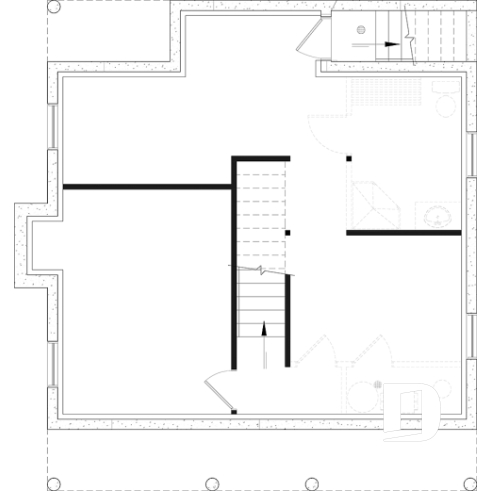Sous-sol - Plan de maison canadienne 3 chambres, avec lucarnes, foyer au salon, buanderie au premier, boudoir - Acélia