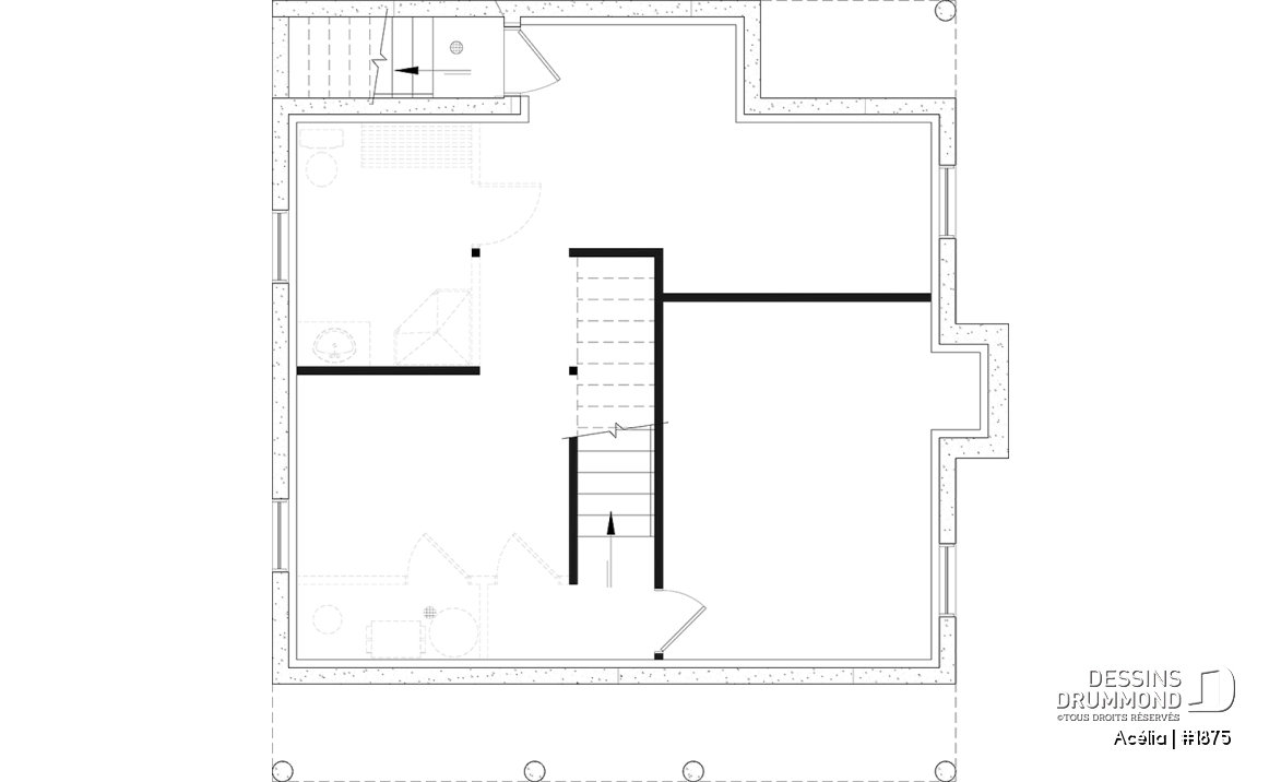 Sous-sol - Plan de maison canadienne 3 chambres, avec lucarnes, foyer au salon, buanderie au premier, boudoir - Acélia