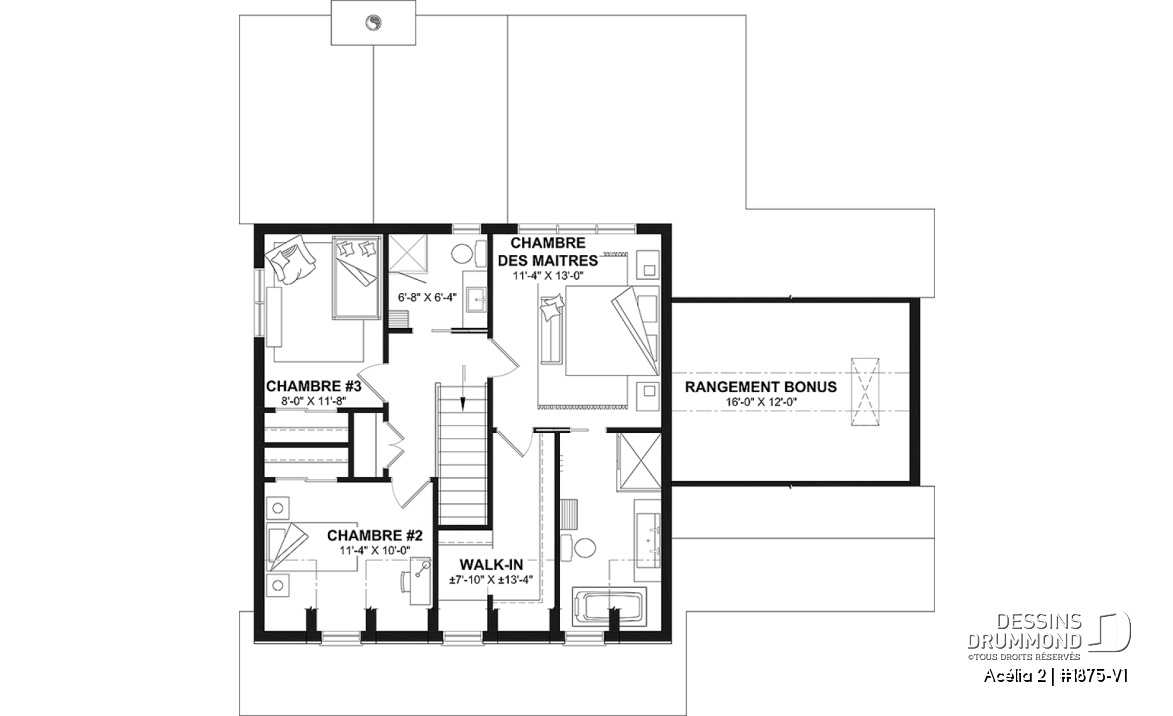 Étage - Plan de maison de style Canadien, 3 chambres, garage, terrasse abritée, bureau, plafond cathédrale au salon - Acélia 2