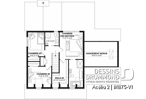 Étage - Plan de maison de style Canadien, 3 chambres, garage, terrasse abritée, bureau, plafond cathédral au salon - Acélia 2