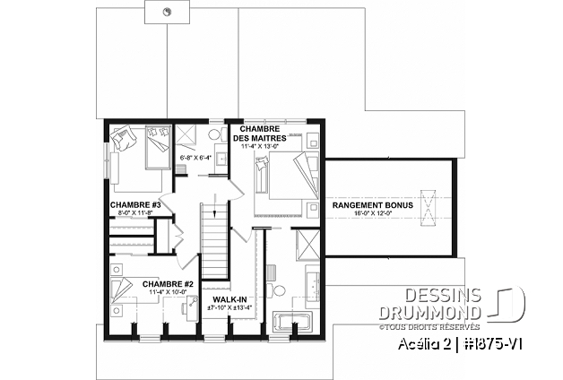 Étage - Plan de maison de style Canadien, 3 chambres, garage, terrasse abritée, bureau, plafond cathédral au salon - Acélia 2