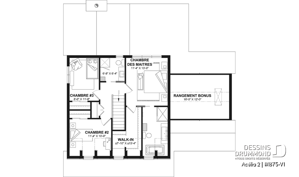 Étage - Plan de maison de style Canadien, 3 chambres, garage, terrasse abritée, bureau, plafond cathédrale au salon - Acélia 2
