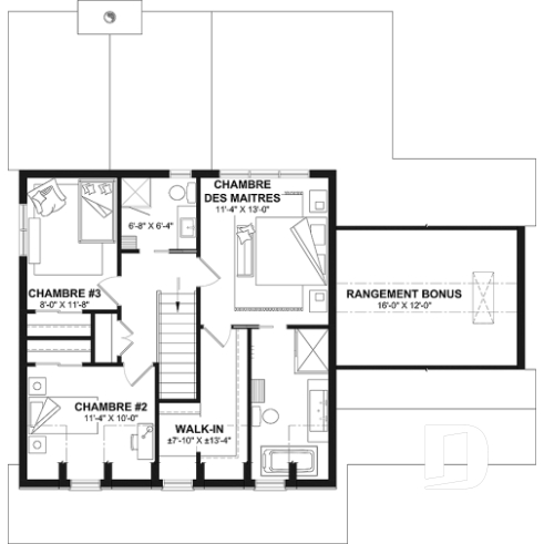 Étage - Plan de maison de style Canadien, 3 chambres, garage, terrasse abritée, bureau, plafond cathédrale au salon - Acélia 2