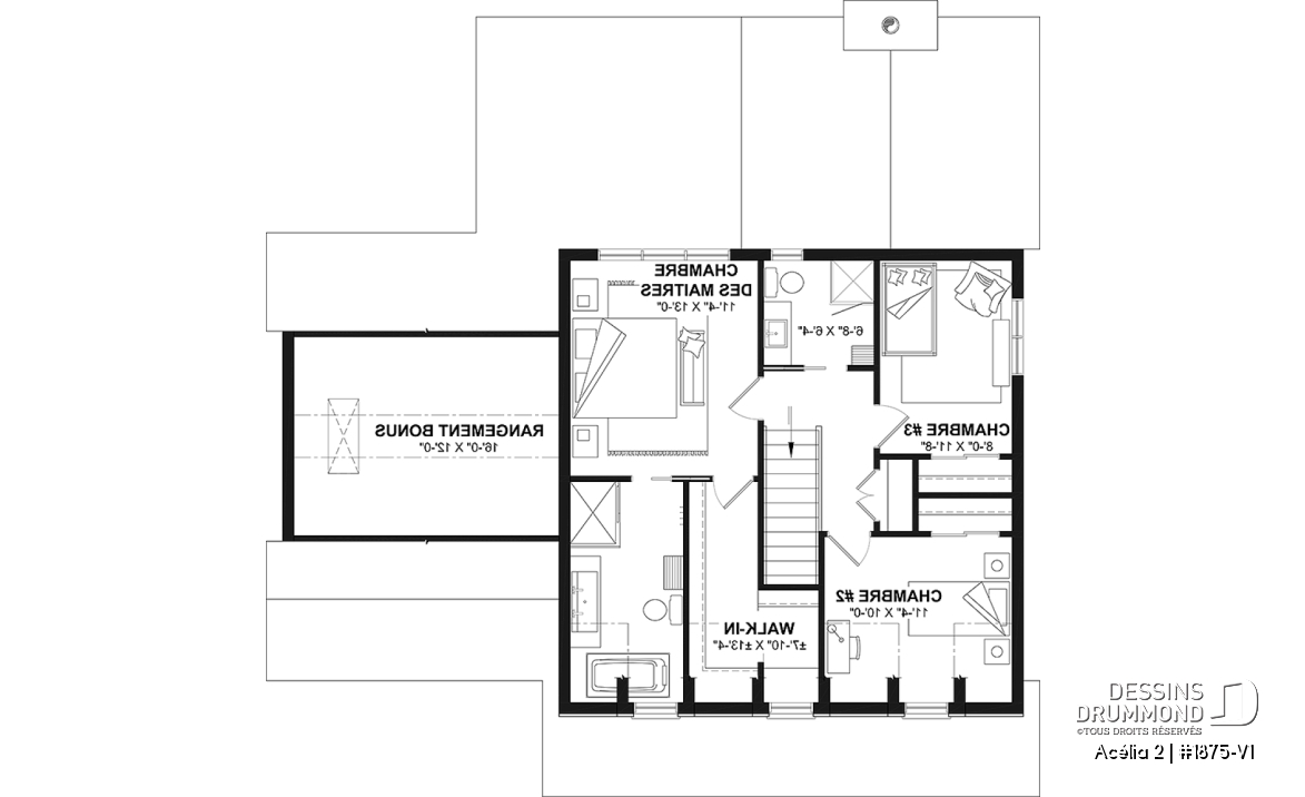 Étage - Plan de maison de style Canadien, 3 chambres, garage, terrasse abritée, bureau, plafond cathédrale au salon - Acélia 2