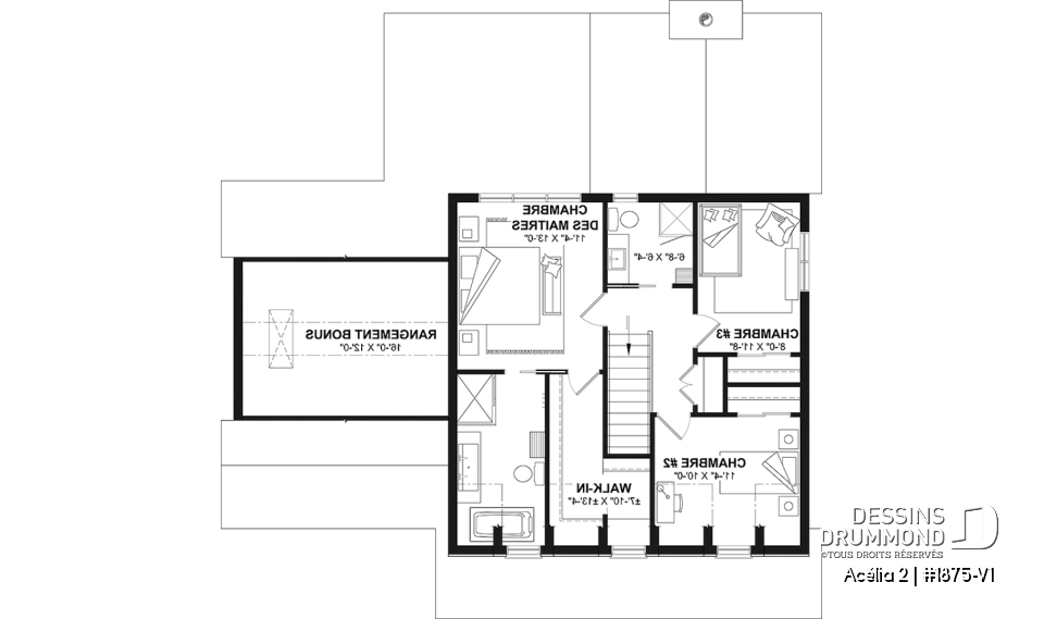 Étage - Plan de maison de style Canadien, 3 chambres, garage, terrasse abritée, bureau, plafond cathédrale au salon - Acélia 2