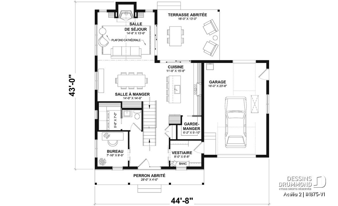 Rez-de-chaussée - Plan de maison de style Canadien, 3 chambres, garage, terrasse abritée, bureau, plafond cathédrale au salon - Acélia 2