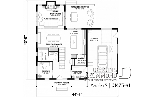 Rez-de-chaussée - Plan de maison de style Canadien, 3 chambres, garage, terrasse abritée, bureau, plafond cathédral au salon - Acélia 2