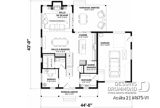 Rez-de-chaussée - Plan de maison de style Canadien, 3 chambres, garage, terrasse abritée, bureau, plafond cathédral au salon - Acélia 2