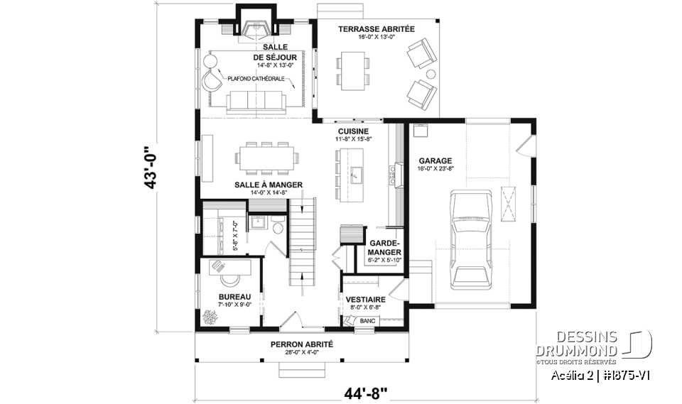 Rez-de-chaussée - Plan de maison de style Canadien, 3 chambres, garage, terrasse abritée, bureau, plafond cathédrale au salon - Acélia 2