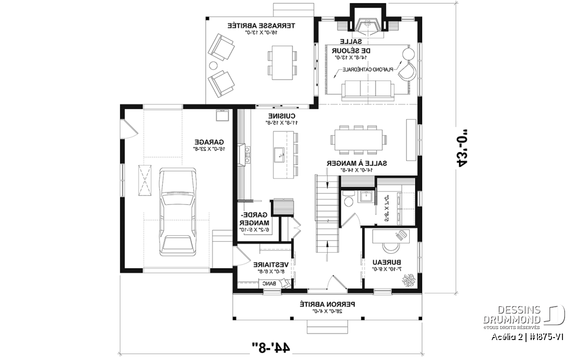 Rez-de-chaussée - Plan de maison de style Canadien, 3 chambres, garage, terrasse abritée, bureau, plafond cathédrale au salon - Acélia 2