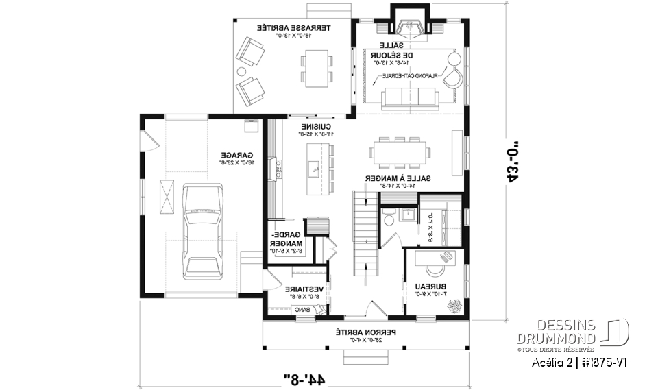 Rez-de-chaussée - Plan de maison de style Canadien, 3 chambres, garage, terrasse abritée, bureau, plafond cathédrale au salon - Acélia 2