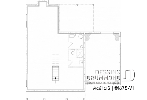 Sous-sol - Plan de maison de style Canadien, 3 chambres, garage, terrasse abritée, bureau, plafond cathédral au salon - Acélia 2