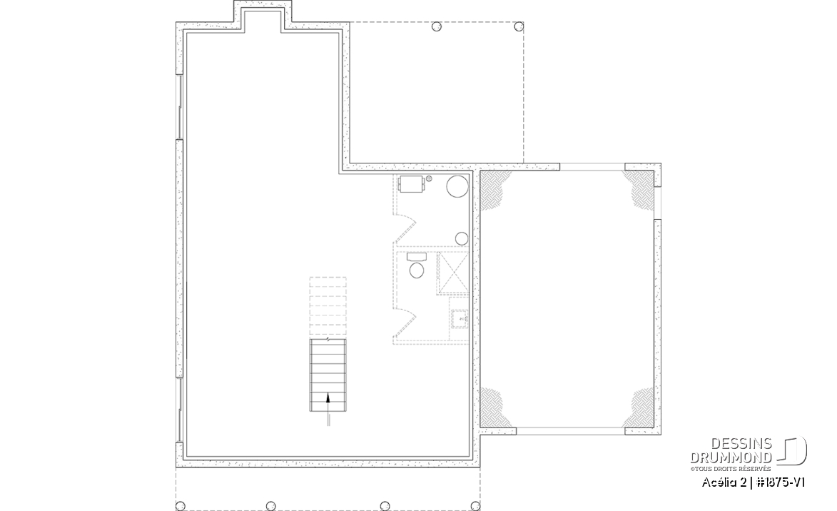 Sous-sol aménageable - Plan de maison de style Canadien, 3 chambres, garage, terrasse abritée, bureau, plafond cathédrale au salon - Acélia 2