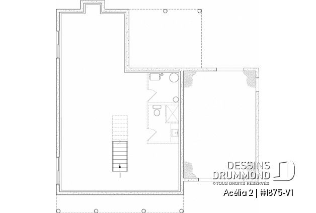 Sous-sol aménageable - Plan de maison de style Canadien, 3 chambres, garage, terrasse abritée, bureau, plafond cathédrale au salon - Acélia 2
